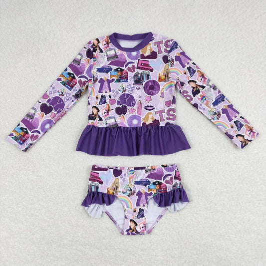 2pc Purple Cartoon long sleeve Swimsuit