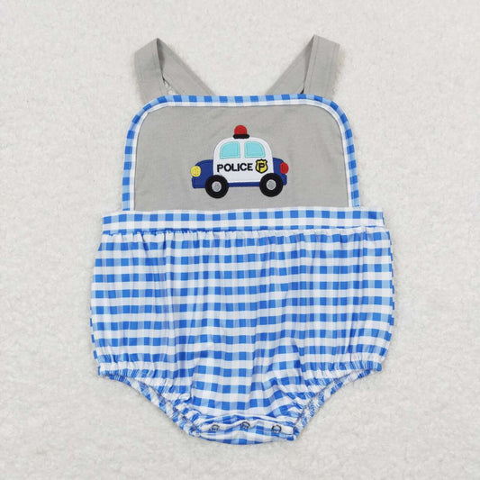 Grey Embroidered Blue plaid Girls Baby Romper