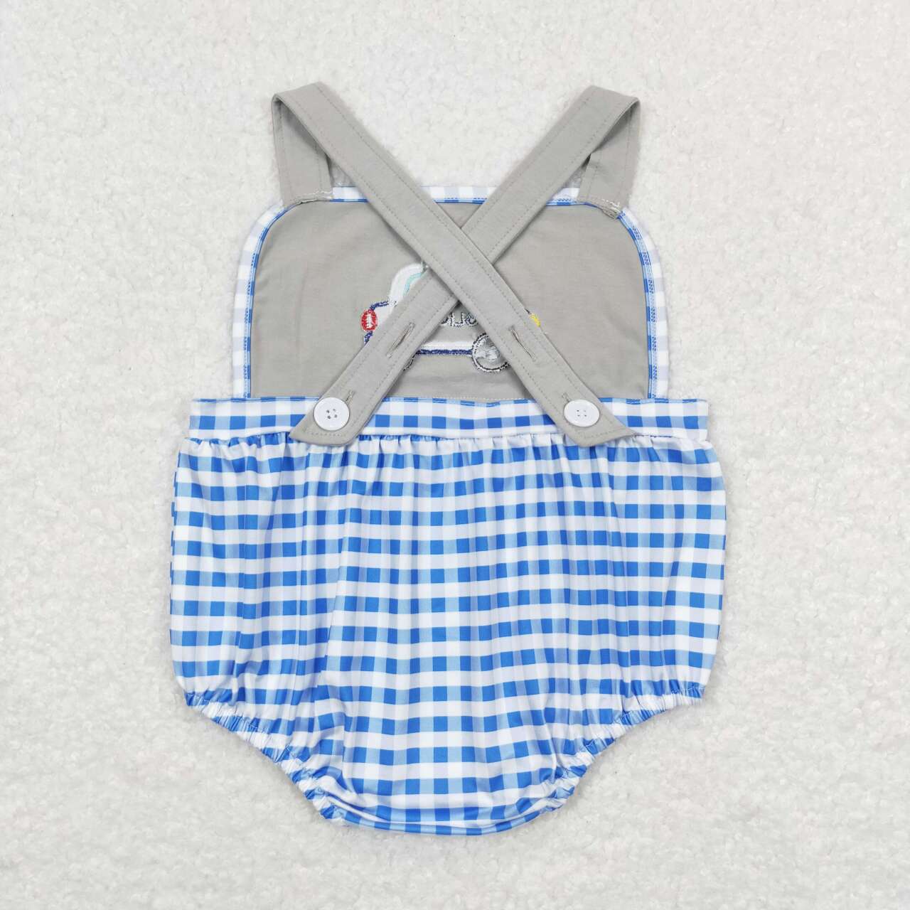 Grey Embroidered Blue plaid Girls Baby Romper