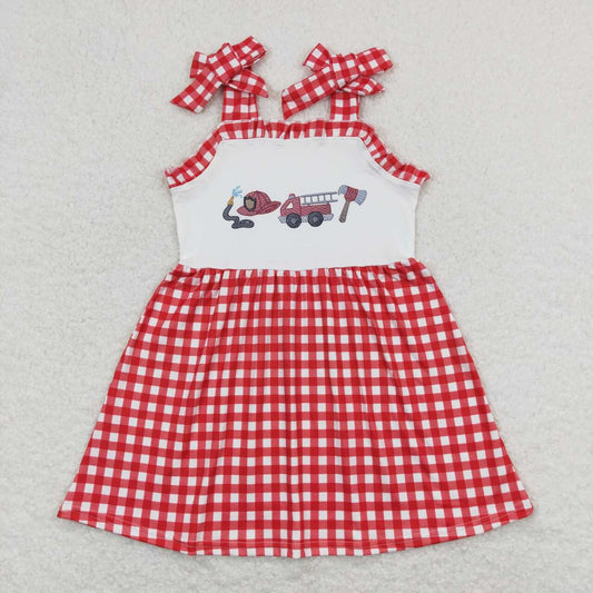 Red Plaid firetruck print Girls Dress