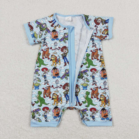 Blue Cartoon Print Short Sleeve With Zipper Baby Romper