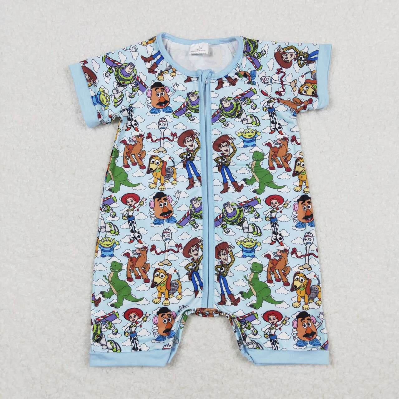 Blue Cartoon Print Short Sleeve With Zipper Baby Romper