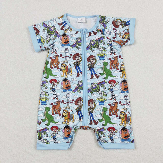 Blue Cartoon Print Short Sleeve With Zipper Baby Romper