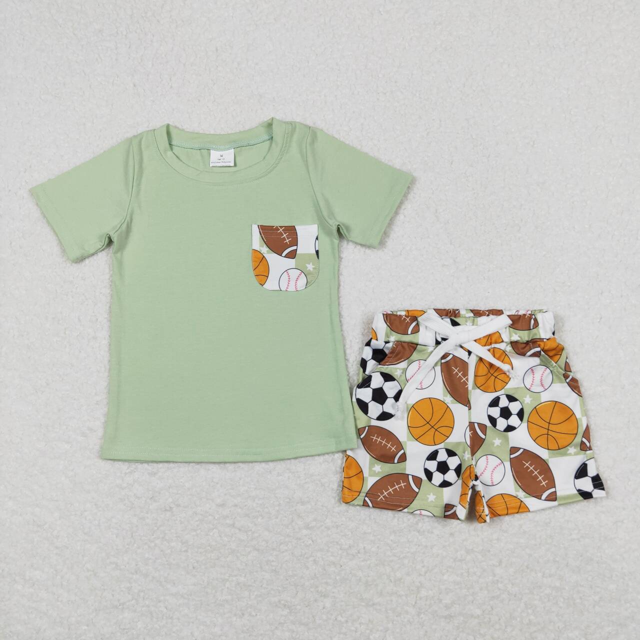 green football print short sleeve boy set