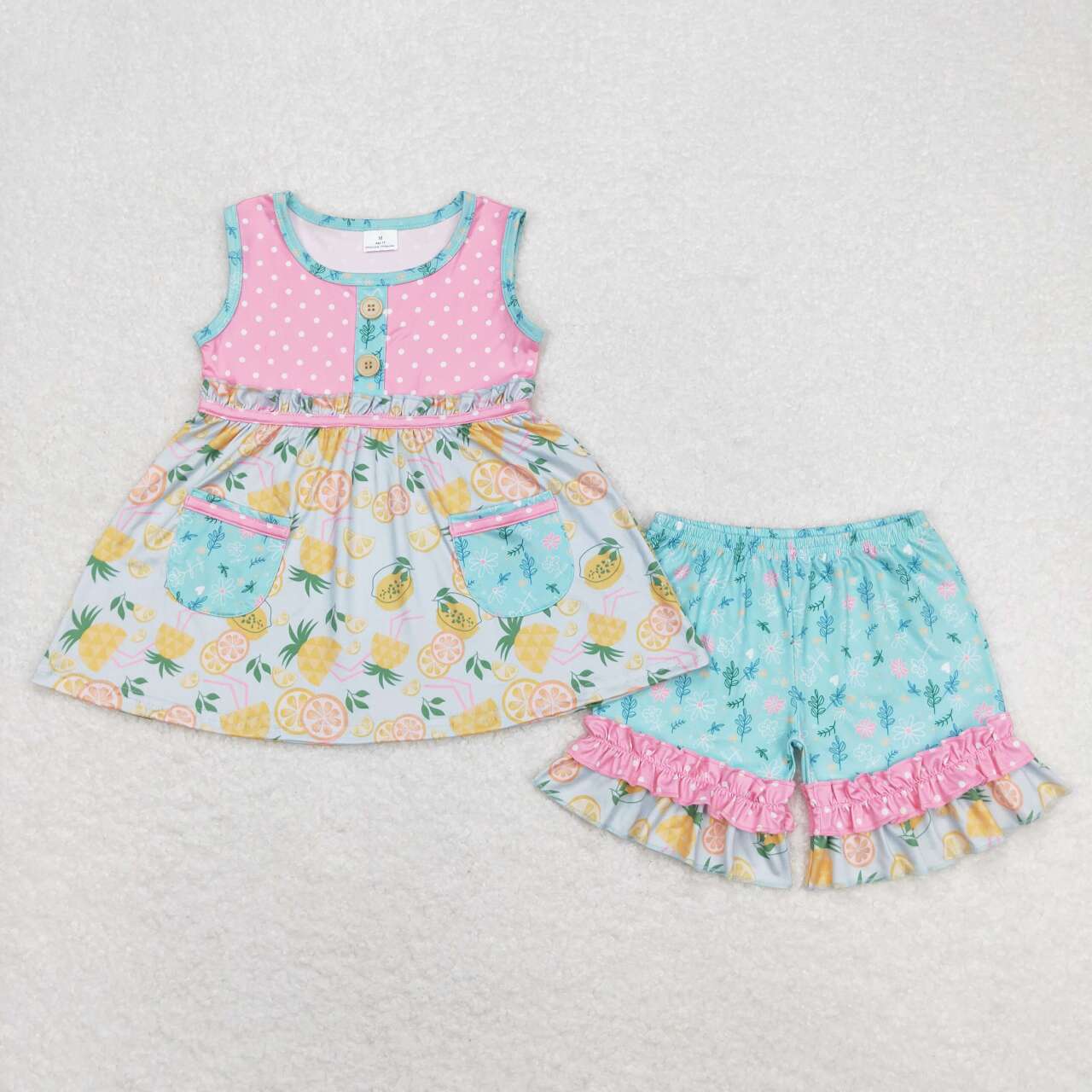 Pineapple pink polka dot sleeveless with pockets Girls Set