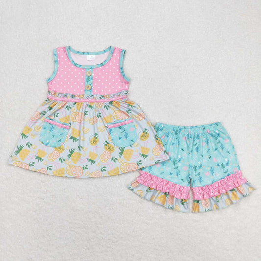 Pineapple pink polka dot sleeveless with pockets Girls Set