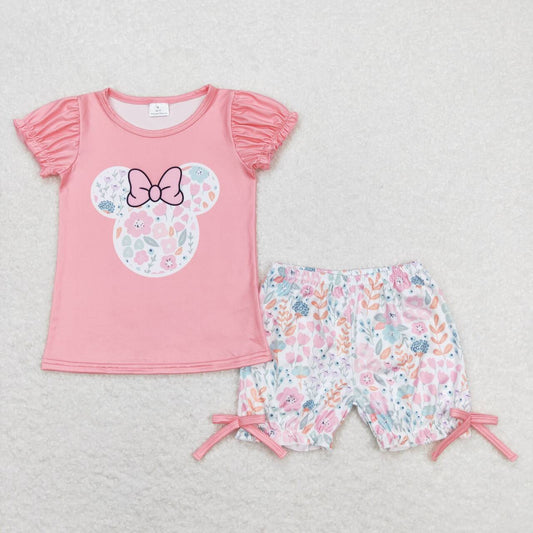Pink flower Cartoon Short Summer Girls Suit
