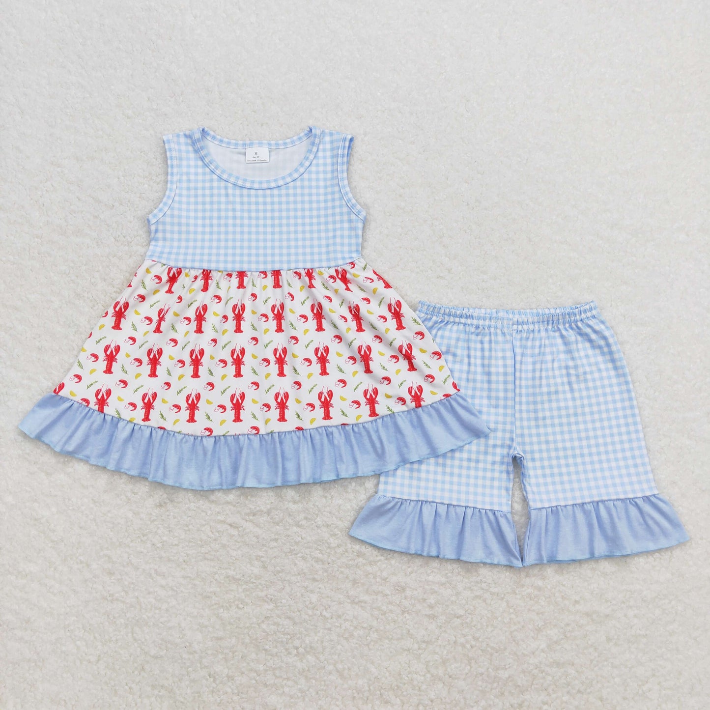 blue plaid lobster print Short Summer Girls Suit