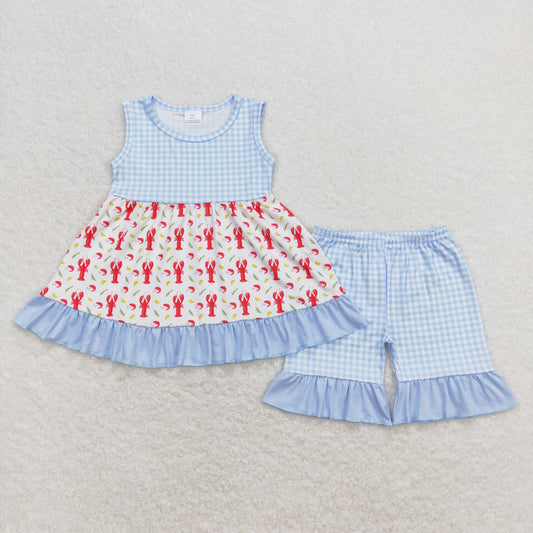 blue plaid lobster print Short Summer Girls Suit