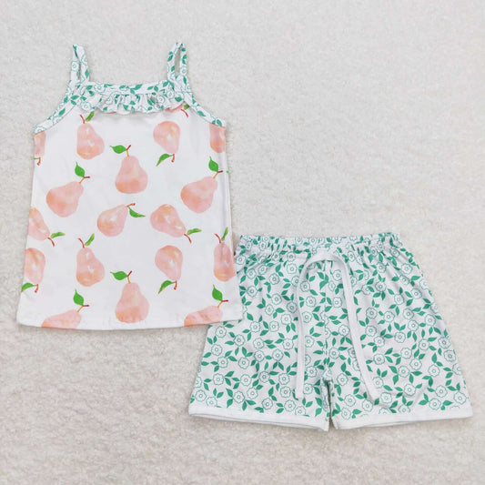 pear Green print Short Summer Girls Suit