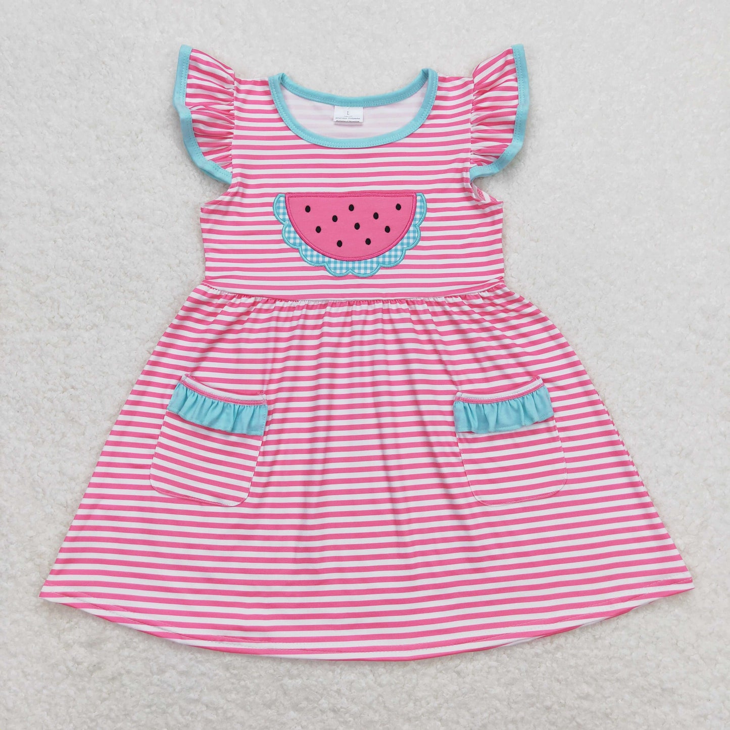 Pink watermelon embroidered blue short sleeves Girls dress