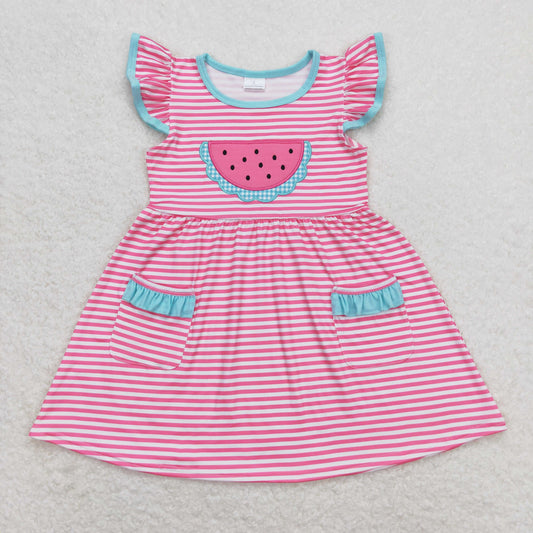 Pink watermelon embroidered blue short sleeves Girls dress