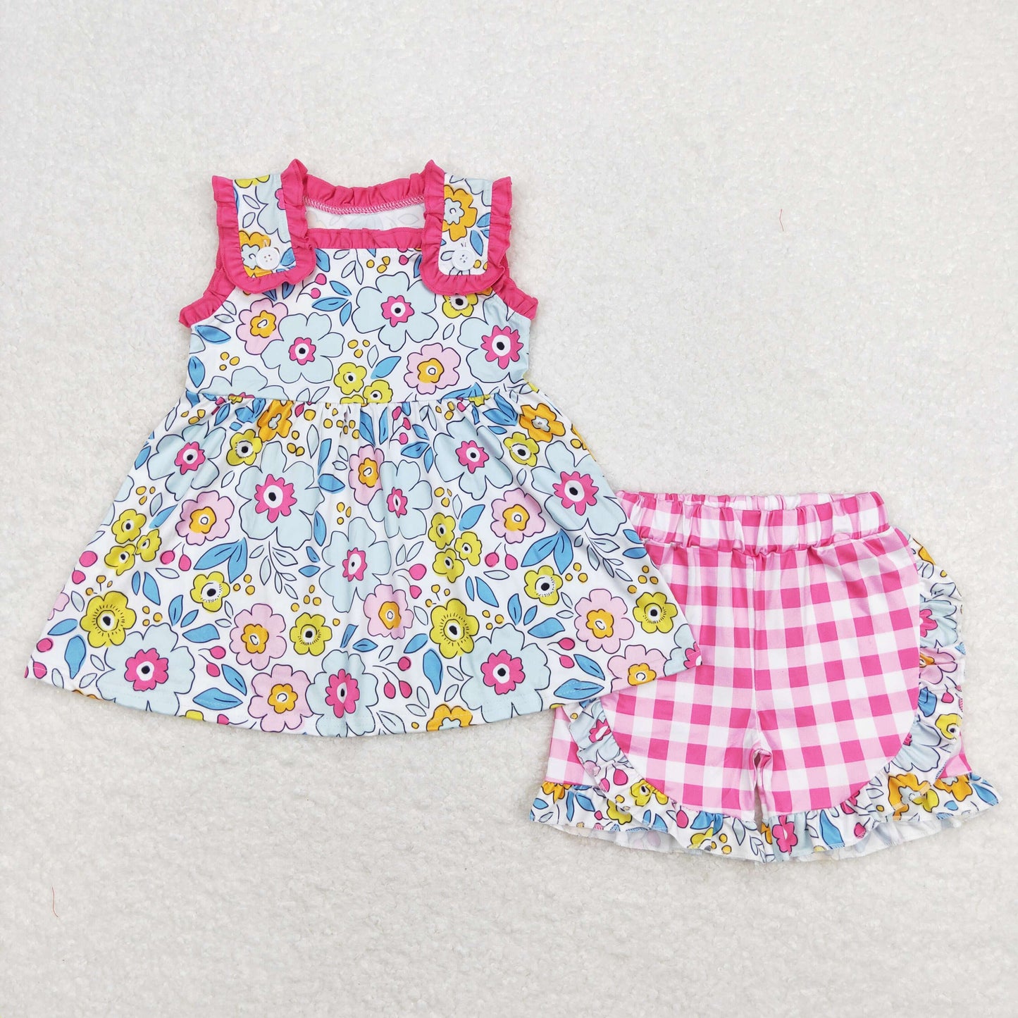 flower pink plaid short sleeves Girls set