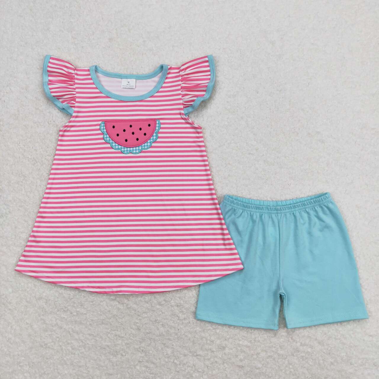 Pink watermelon embroidered blue short sleeves Girls set