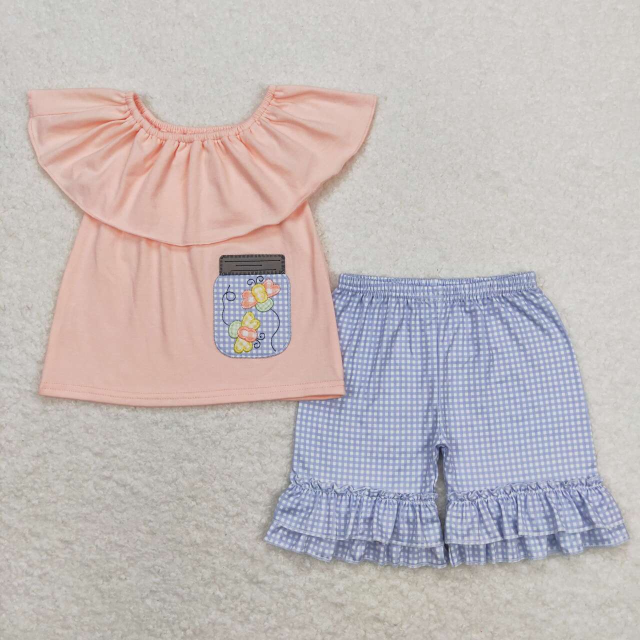 Coral bee embroidery blue plaid Girls set