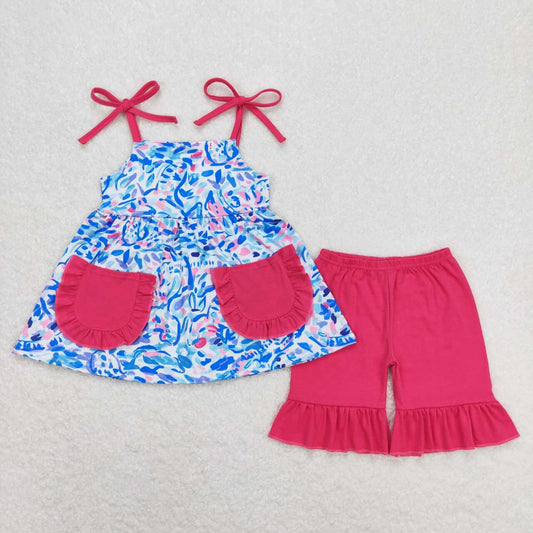 blue flower with pocket short sleeves Girls set