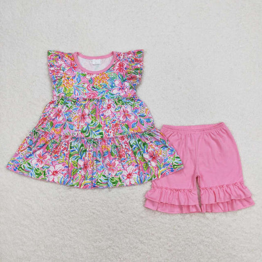 Pink flowerTier Short Flutter Shirt set