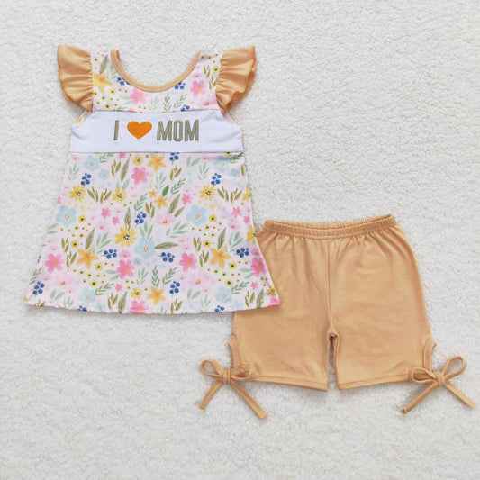 flower embroidered i love mom short sleeves Girls set