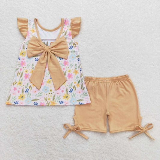 flower embroidered i love mom short sleeves Girls set