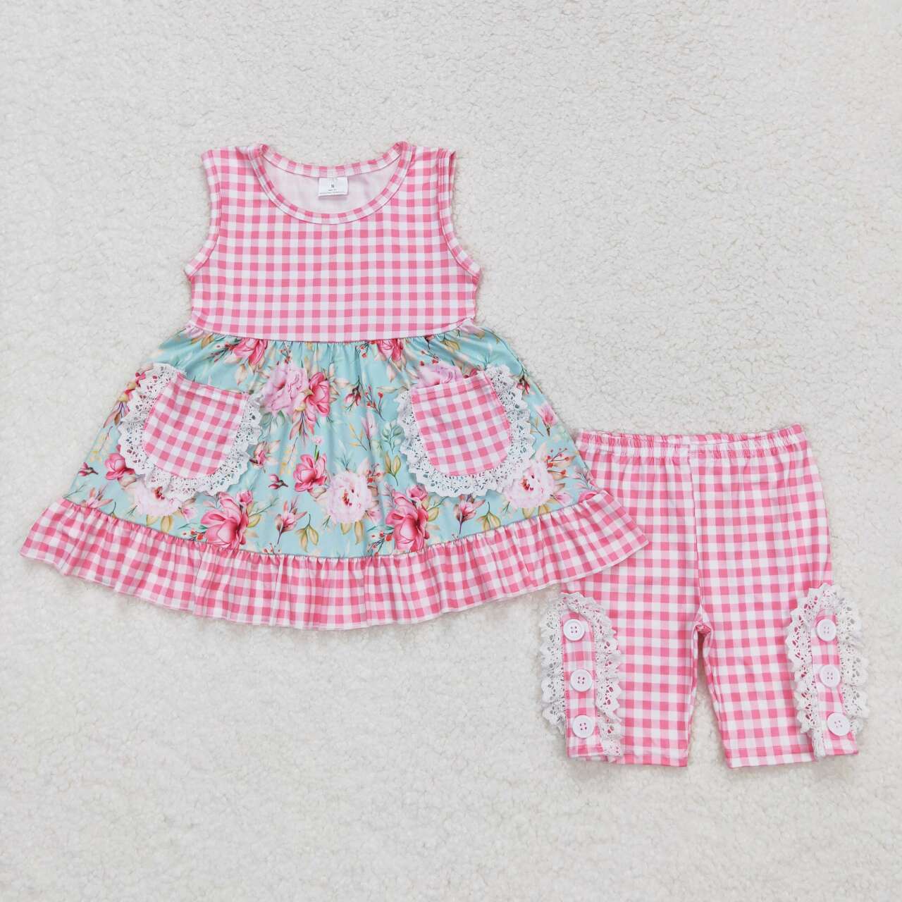 Pink Plaid Sleeveless Girls Suit