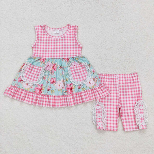 Pink Plaid Sleeveless Girls Suit