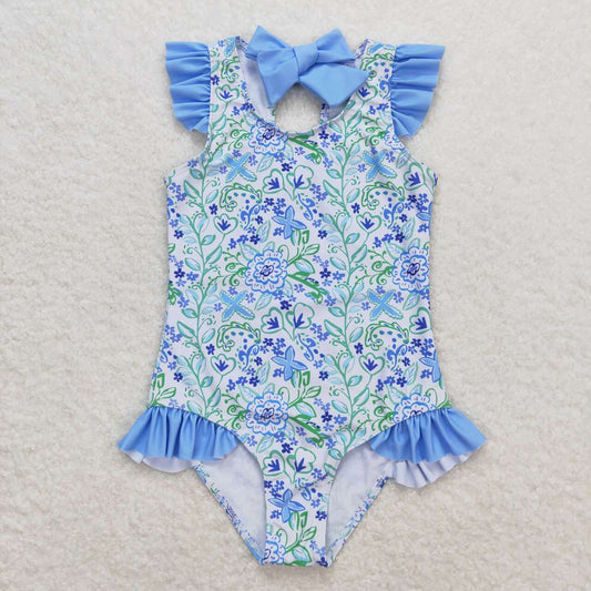 one piece blue flower printing Swimsuit
