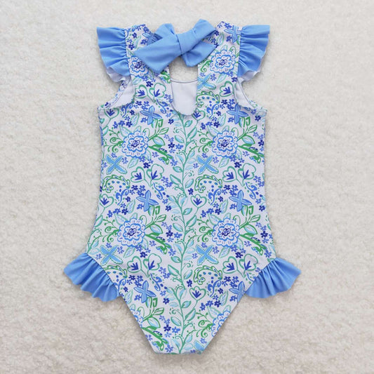 one piece blue flower printing Swimsuit