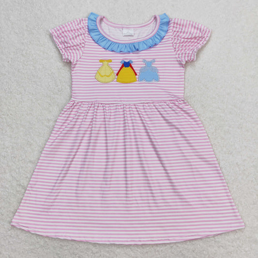 Pink striped Princess embroidery Girls dress