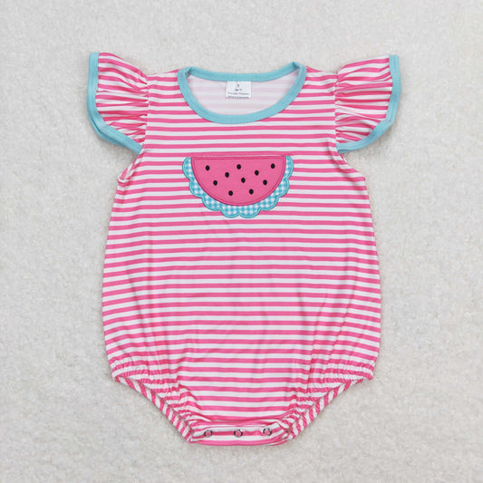 pink striped watermelon Embroidered Baby Romper