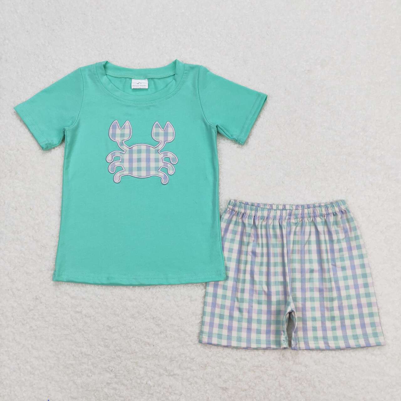 Embroidered blue crab plaid boy set
