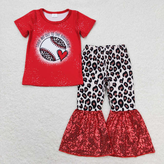 Red baseball leopard Print Bottom Sequin Bell Pants Outfit