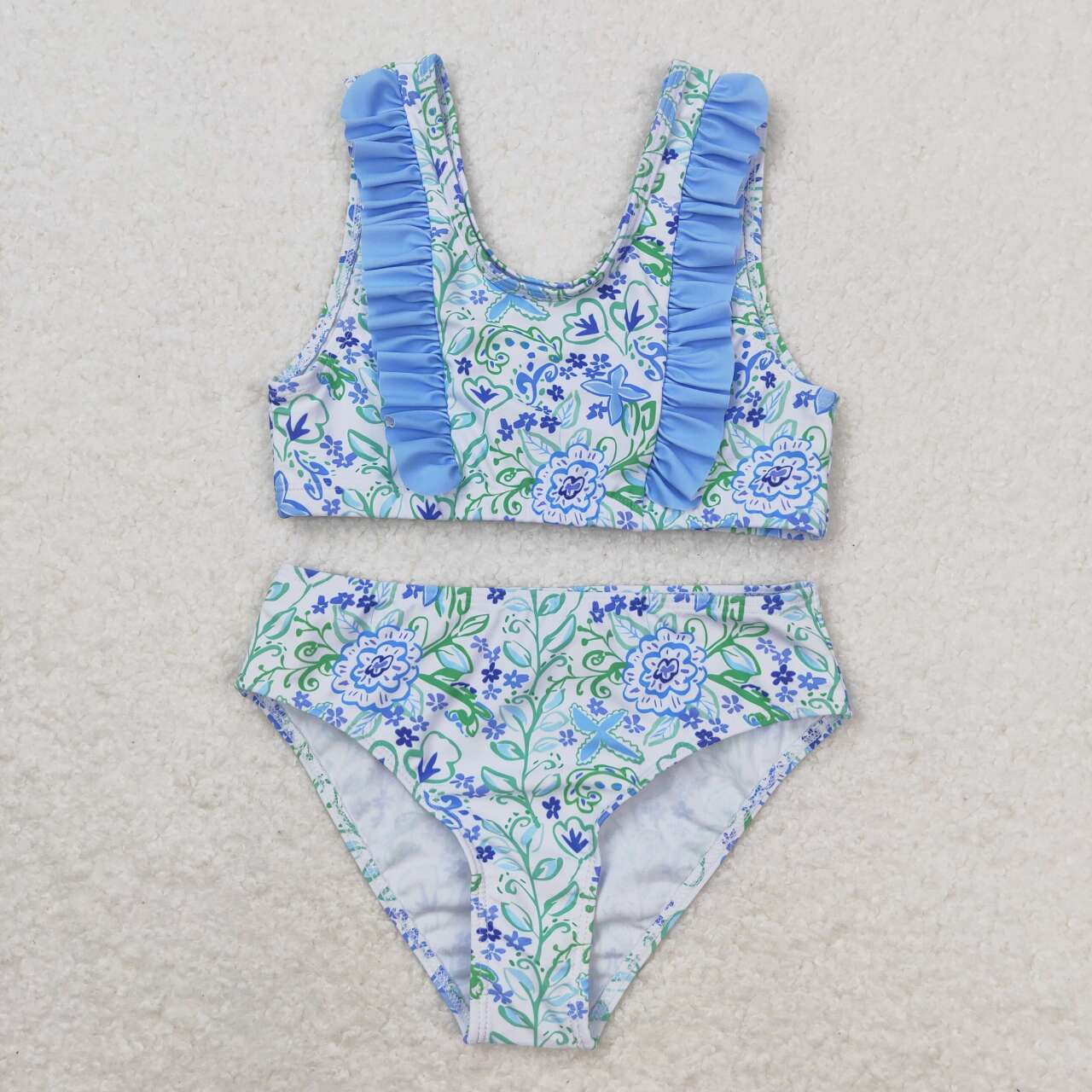 2pc blue flower print short sleeve Swimsuit