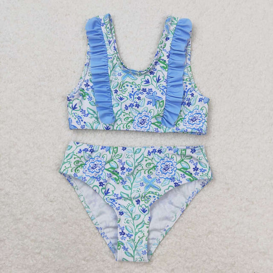 2pc blue flower print short sleeve Swimsuit