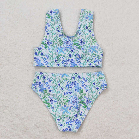 2pc blue flower print short sleeve Swimsuit