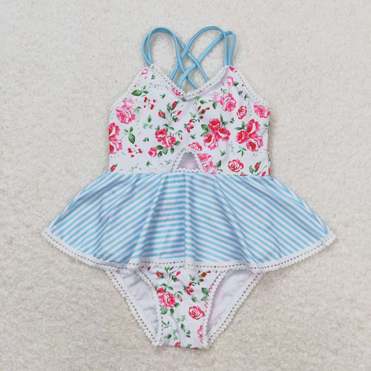 one piece blue flower print short sleeve Swimsuit