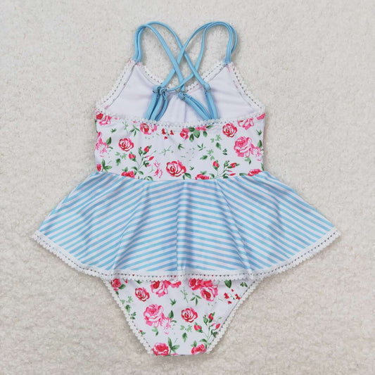 one piece blue flower print short sleeve Swimsuit