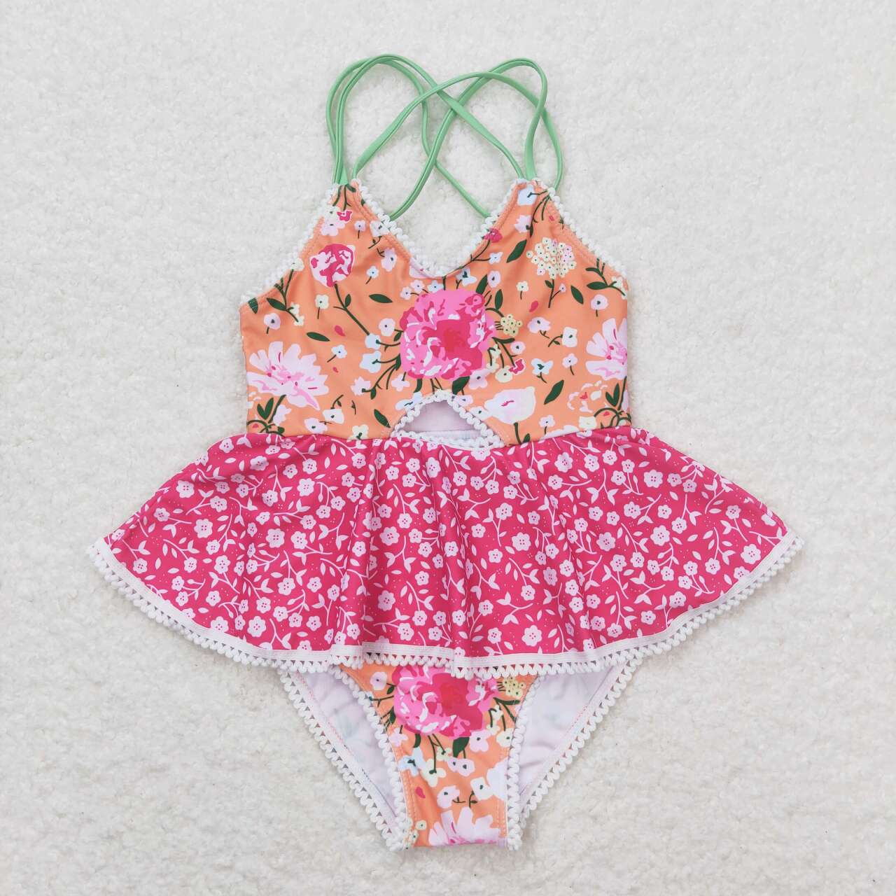 one piece flower print short sleeve Swimsuit