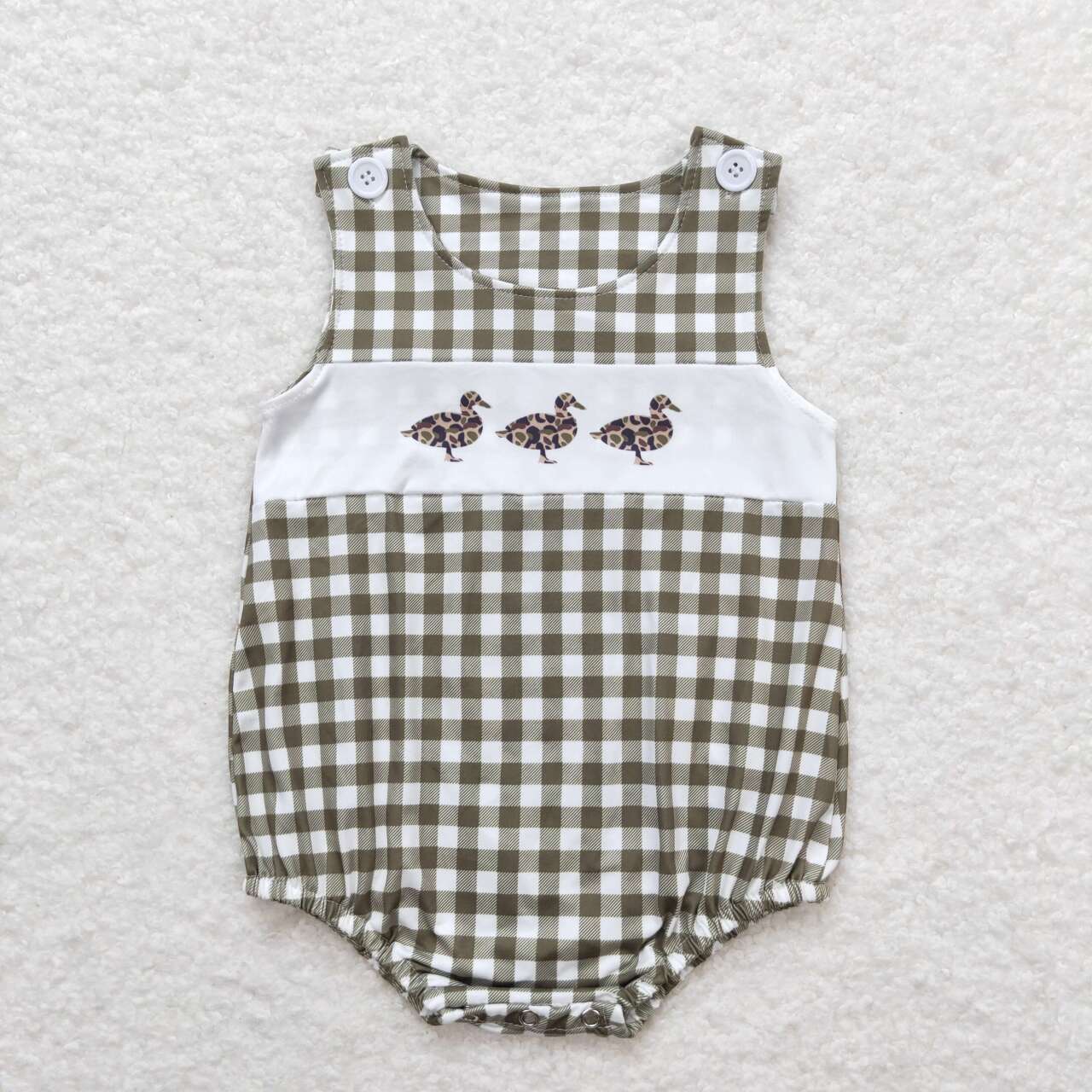Green plaid duck print sleeveless Baby Romper