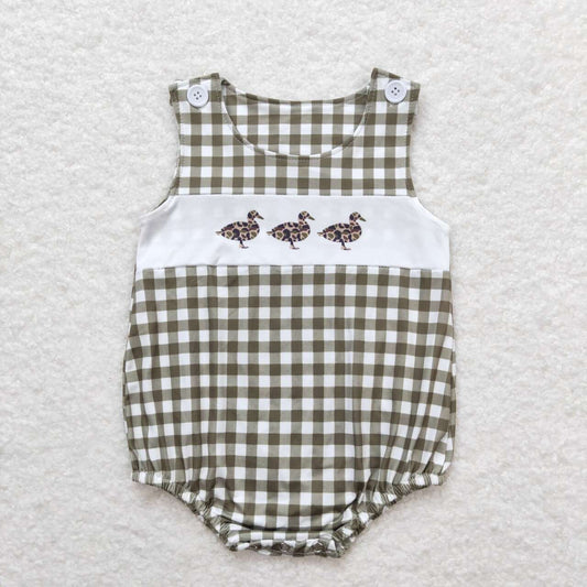 Green plaid duck print sleeveless Baby Romper