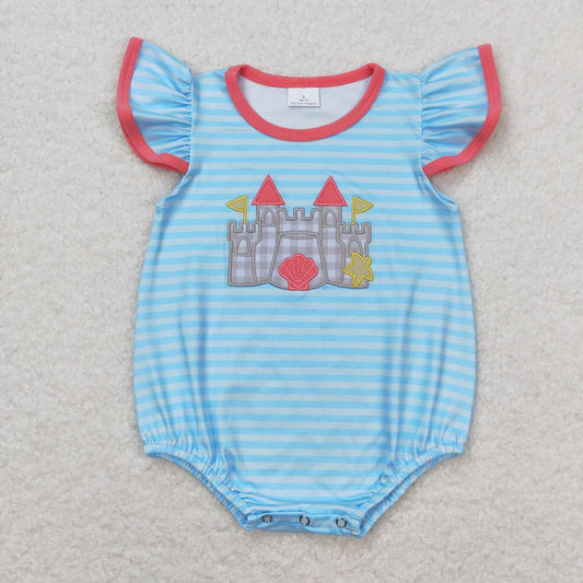 blue striped embroidery castle print Baby Romper