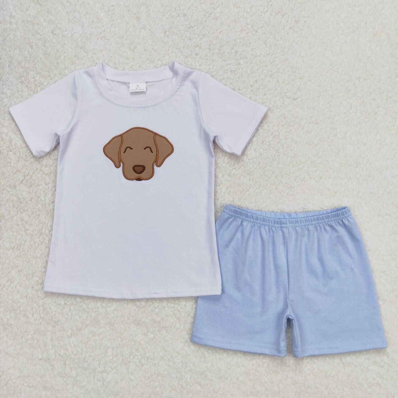 white dog embroidered boy set