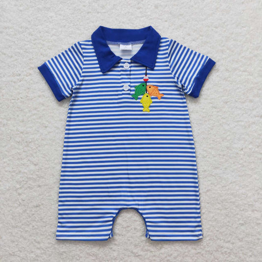 Blue stripe embroidery Fish Baby Romper
