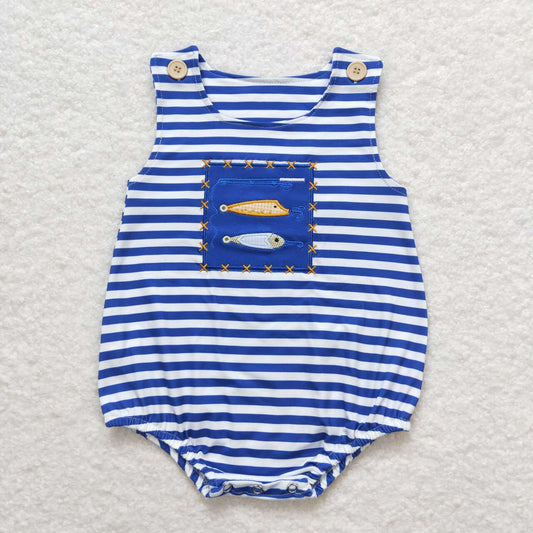 Blue stripe embroidery sleeveless Fish Baby Romper