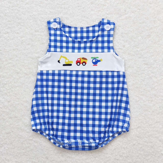 Blue Plaid car print sleeveless Baby Romper