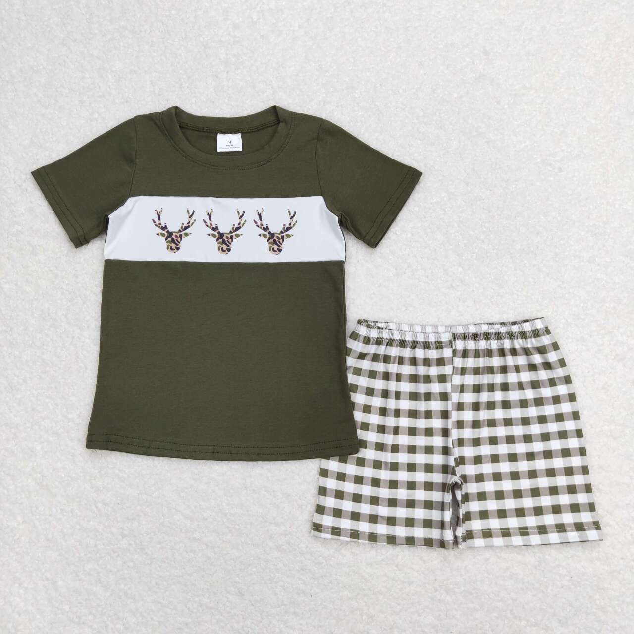 Green duck print plaid short sleeve boy set