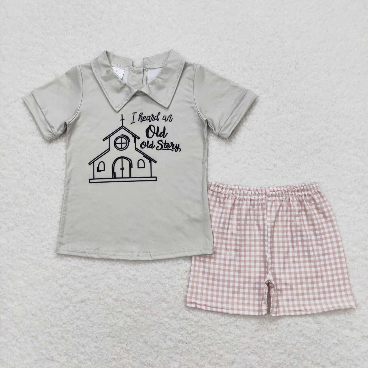 Green old story print short sleeve boy set