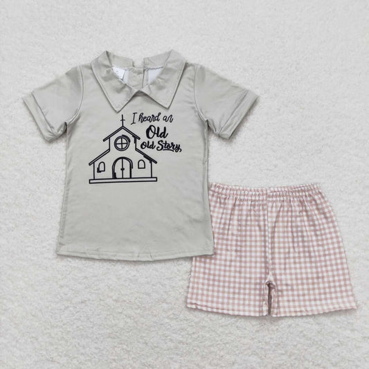 Green old story print short sleeve boy set