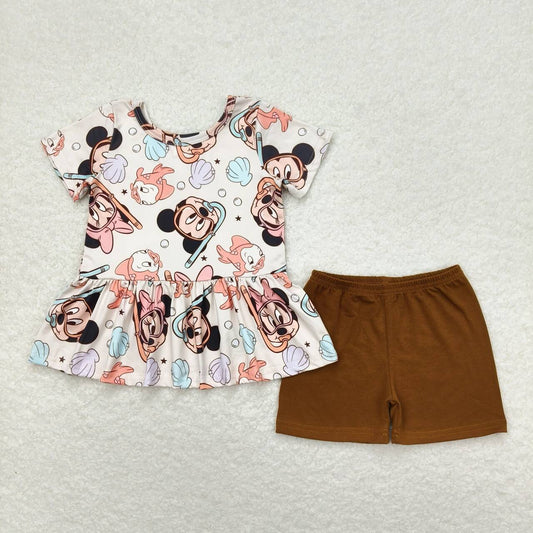 cartoon brown pants print short sleeve Girls Set