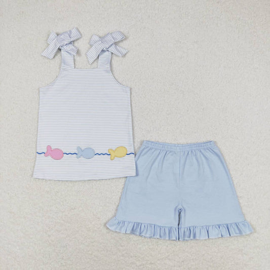 Blue Stripe Embroidered Fish Girls Suit