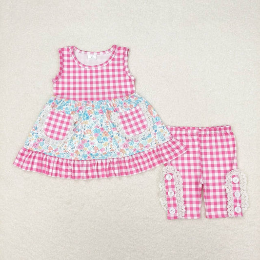 Pink Plaid Sleeveless With pocket Girls Suit